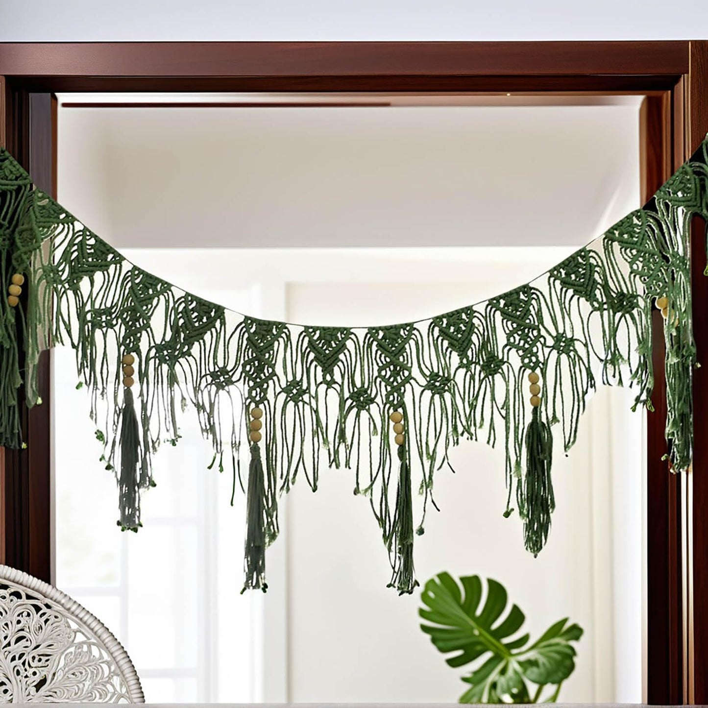 Macravine Macrame Wall Hanging Garland, Green and Cream, Bohemian Style with Wooden Beads, Handwoven Cotton Fringe Banner,44“X12.8” (Green)