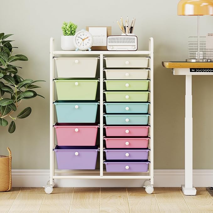 Giantex 15 Drawer Rolling Cart with Drawers, Storage Organizer Cart for Classroom Office School Teacher, Mobile Drawer Cart for Tools, Crafts, Small Printer, Paper, Pastel Ice Cream