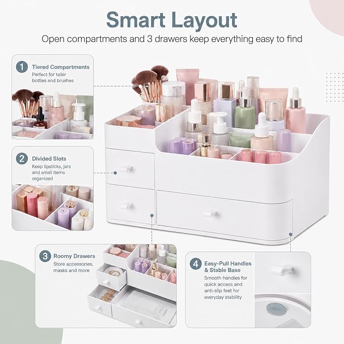 Makeup Organizer Tween Girls Gifts,Large Capacity Bathroom Organizer and Storage with Drawers Trendy Stuff ,Vanity,Bathroom Countertop,Bedroom Storage for Skincare,Cosmetics,Perfume,Brushes,Eyeshadow