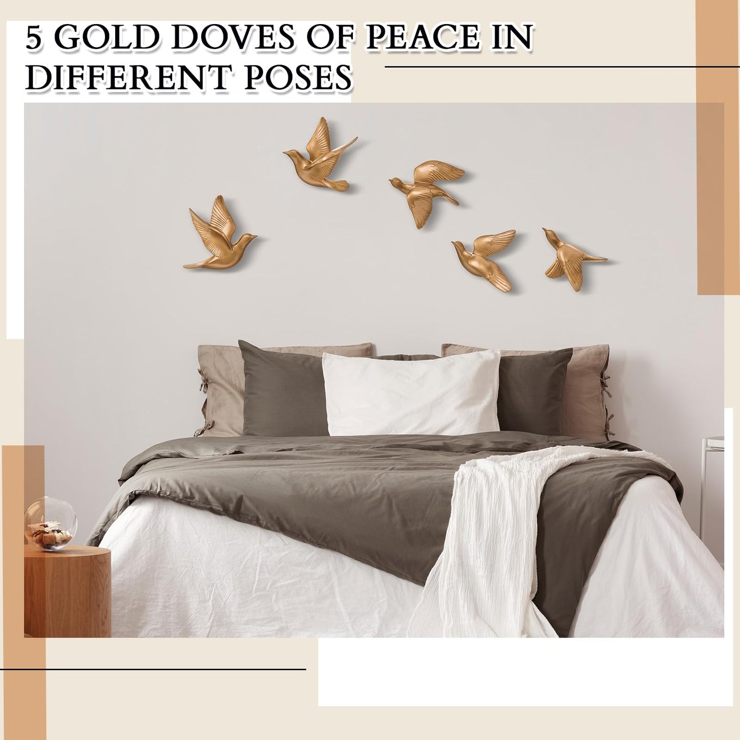 Kathfly 5 Pcs Bird Wall Decor, Resin Gold Bird 3D Wall Art, Flying Swallow Designs with Antique Patina Metal Look Resin Sculpture, Includes Mounting Hardware for Living Room & Bedroom