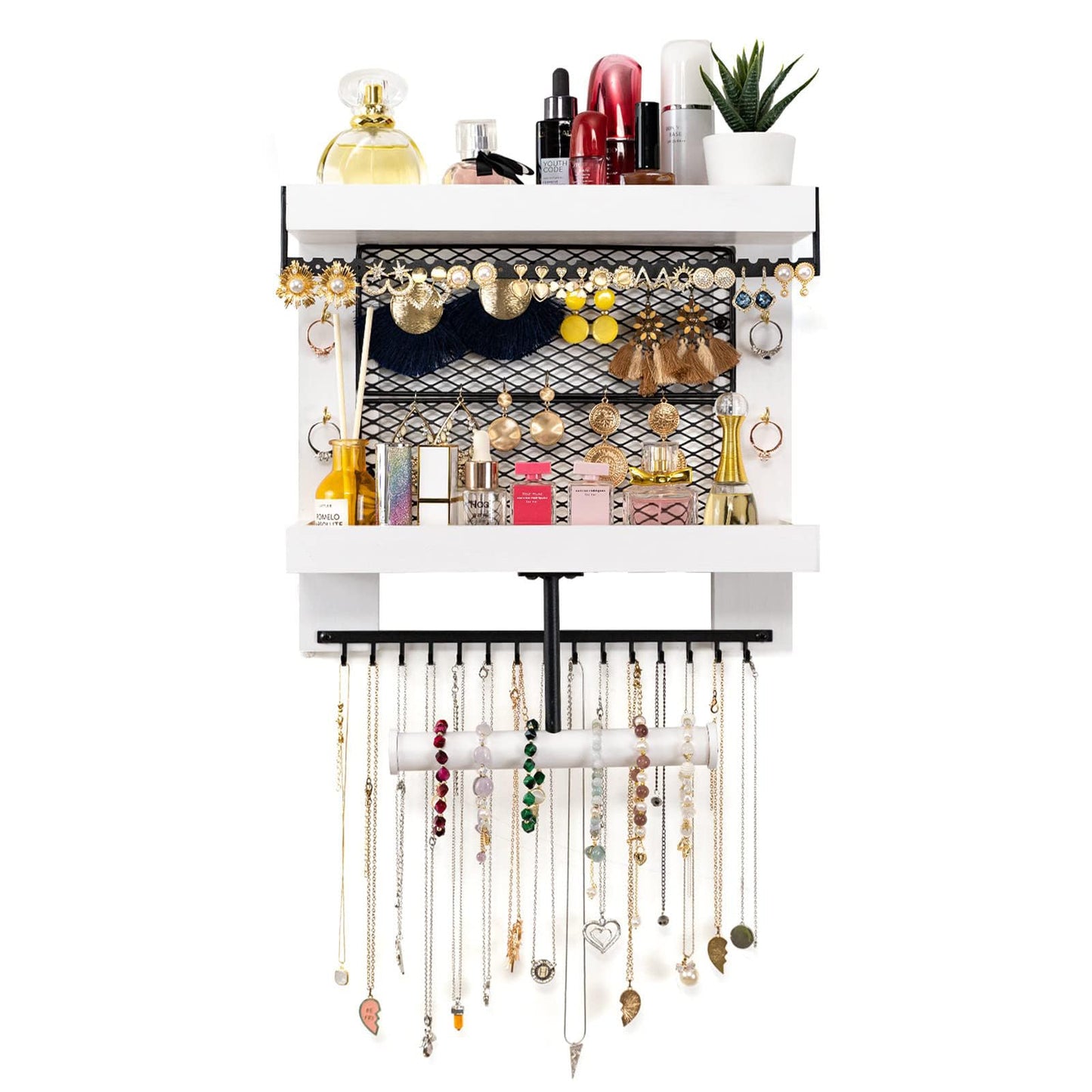 Pinzoveco Hanging Jewelry Organizer Wall Mounted With Wall Jewelry Organizer Holder For Necklaces Bracelet Earrings Ring (White)
