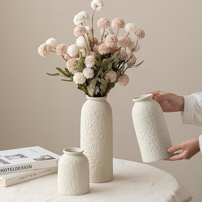 Large Decorative Ceramic Vase Set, 3 Pieces, Nordic Modern Boho Style, Berge Color, Modern Farmhouse for Home Decor (XL Beige Texture)