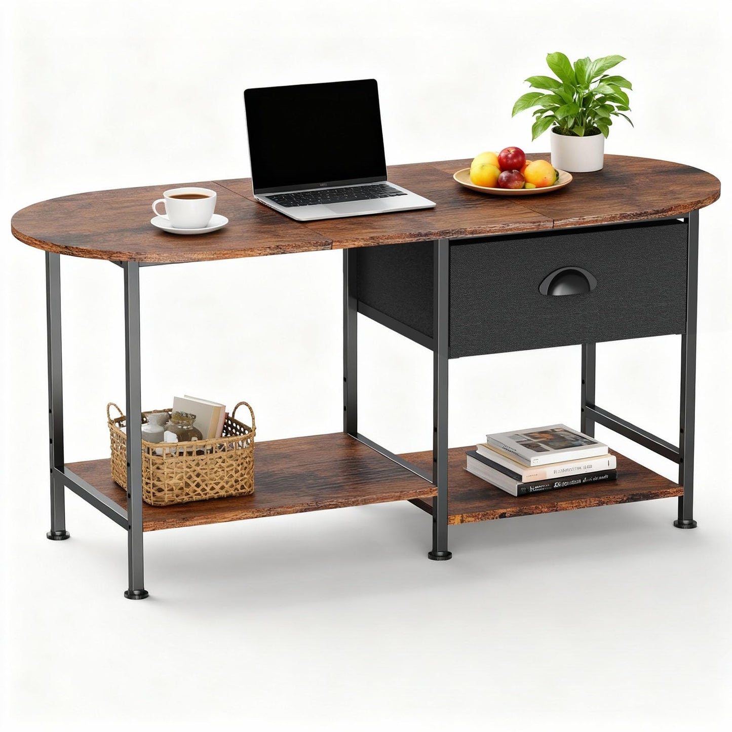 37" Oval Small Coffee Table with Storage,Modern Wood Living Room Center Table for Small Space,Apartment,Home Office,Drawer & Open Shelves,Easy Assembly,Rustic Brown
