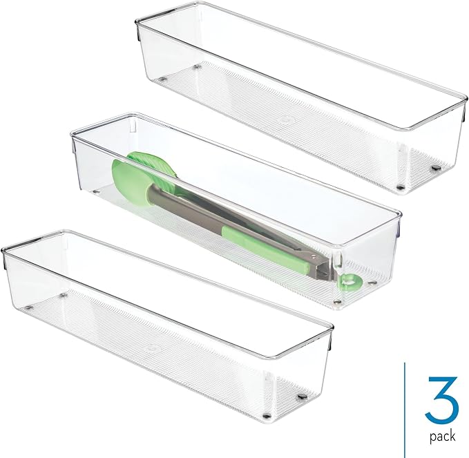 iDesign Plastic Drawer Organizer Bins - Storage for Kitchen, Bathroom, and Desk Drawers - Set of 3 - Clear