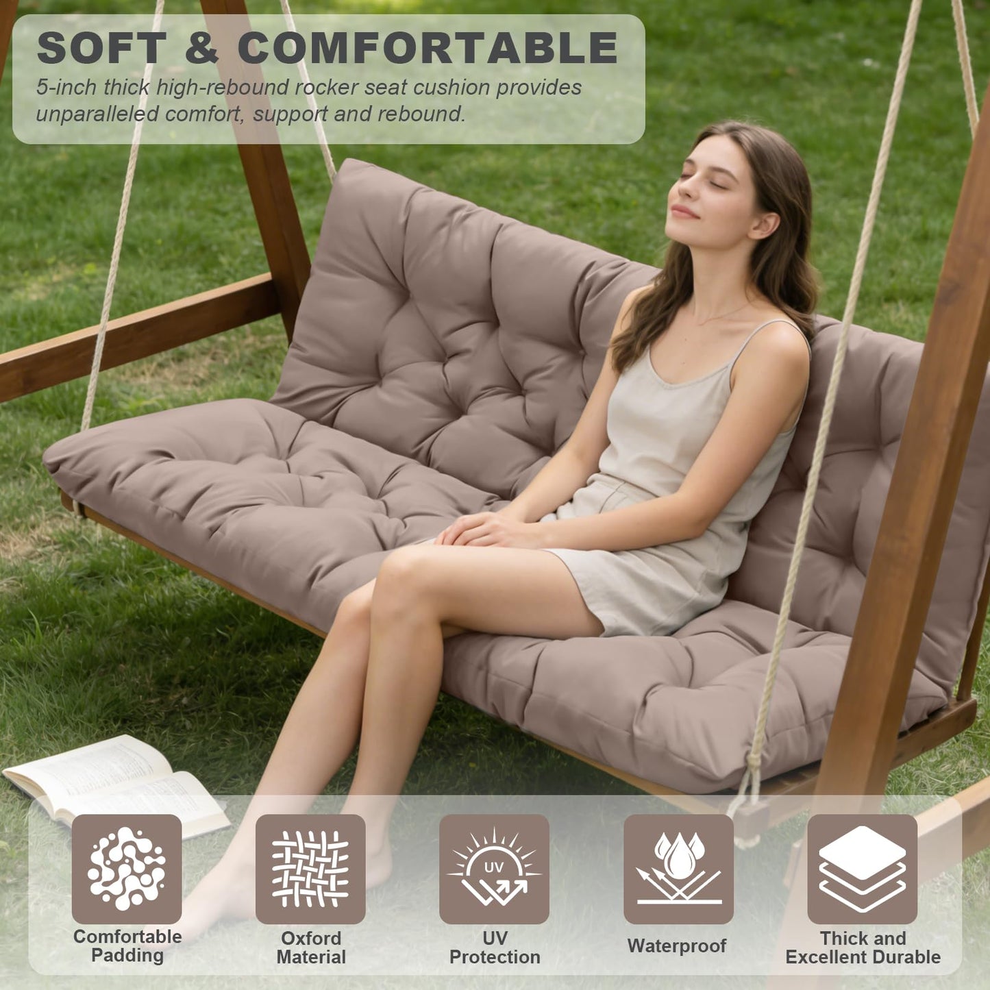 GPQAWER Outdoor Swing Cushions,Waterproof Swing Cushions 3 Seater Replacement with Backrest,Outdoor Thickened Bench Cushion with Ties for Porch,Patio,Backyard,Garden and Lawn (Khaki 60 * 40 in)