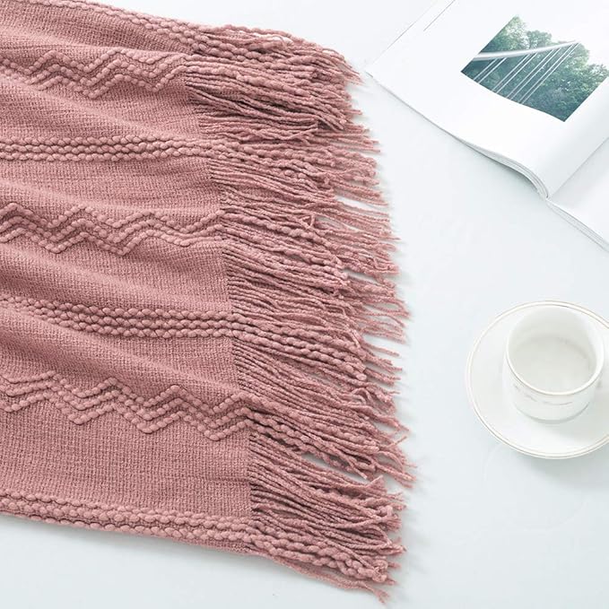 BOURINA Coral Pink Throw Blanket 50 x90 Inches Textured Solid Soft Sofa Throw Bed Runner Knitted Decorative Blanket