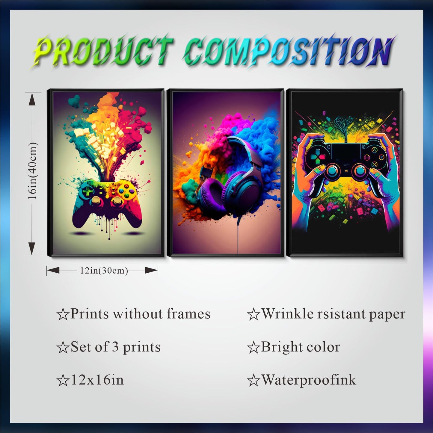 Gaming Room Decor Wall Art Set of 3 - Video Gaming Controller Gamer Wall Decor, Gaming Canvas Poster Room Decor for Boys Room Kids Game Room Bedroom 12x16 in Framed