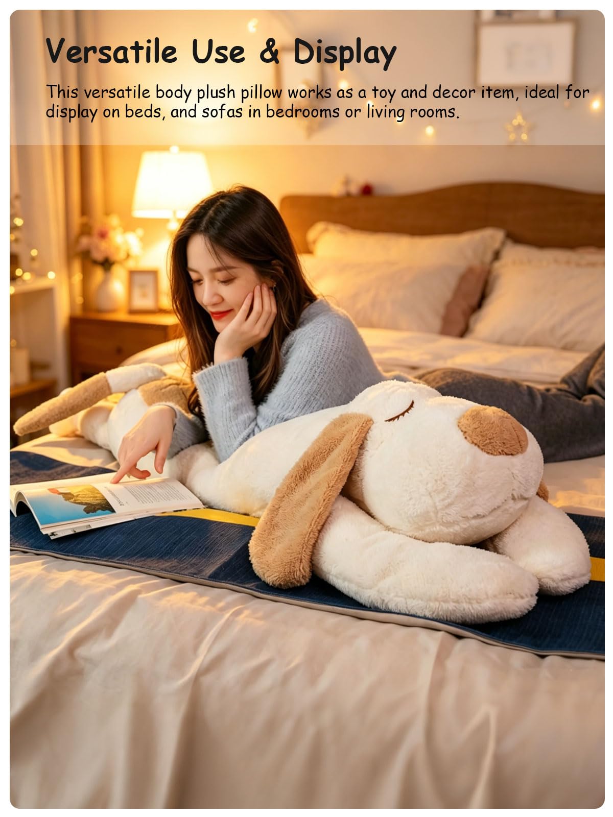FIAEUGZKM Large Dog Plush Body Pillow, 45" Long Fluffy Dog Stuffed Animal for Girls, Soft Cuddly Stuffy Birthday Gift Home Decor Plushy Toy for Kids Teens Adults Girlfriends, White