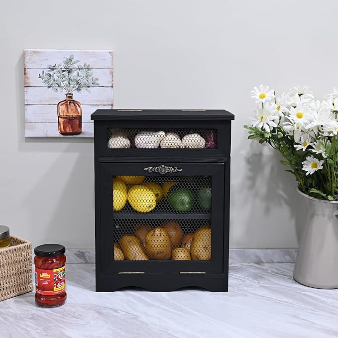Ikee Design Free Assemble Wooden Countertop Potato and Onion Storage Bin Box, Countertop Cabinet, Wooden Bread Boxes, Potato Storage, Coffee Station,11.8W x 6.8D x 16H in, Black Color