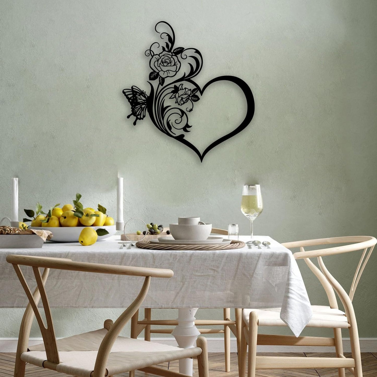 Love Heart Rose Butterfly Metal Wall Decor - Elegant Room Decor Wall Art Home Decor for Living Room, Bedroom, Dining Room, Bathroom, Office (Black)