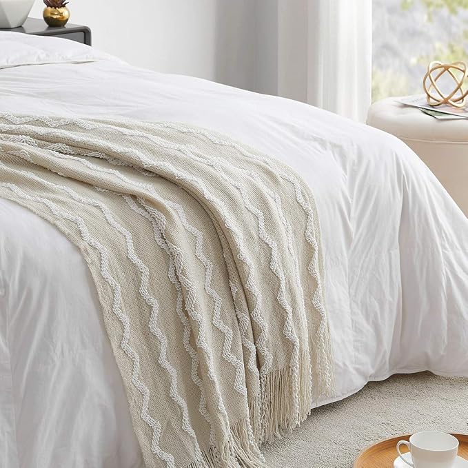 BOURINA Fluffy Chenille Knitted Fringe Throw Blanket Lightweight Soft Cozy for Bed Sofa Chair Throw Blankets Beige 60" x 80"