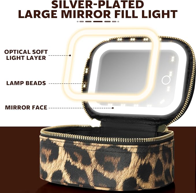 Extrei Gent Small Makeup Bag Travel Train Case with Mirror and Light Mini Travel Makeup Train Case Cosmetic Organizer 3 Adjustable Brightness Toiletry Bag Portable Artist Storage (Leopard Print)