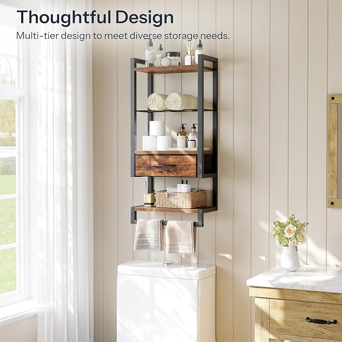 HOOBRO Blanket Ladder and Towel Rack for Bathroom, Drying and Display Rack with Shelf, Towel Bar with Hanging Rod, BF52CJ01-BF11LB01