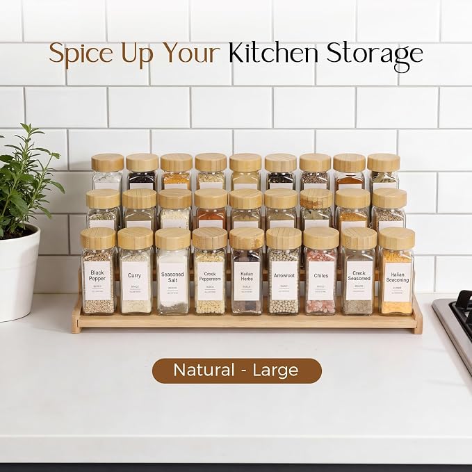 Spice Rack Organizer for Cabinet, 18in Bamboo Tiered Spice Rack，Used for Kitchen Countertops and Food Storage Room Organizer，Specially Designed for Jars and Spice Bottles(Bamboo, L)