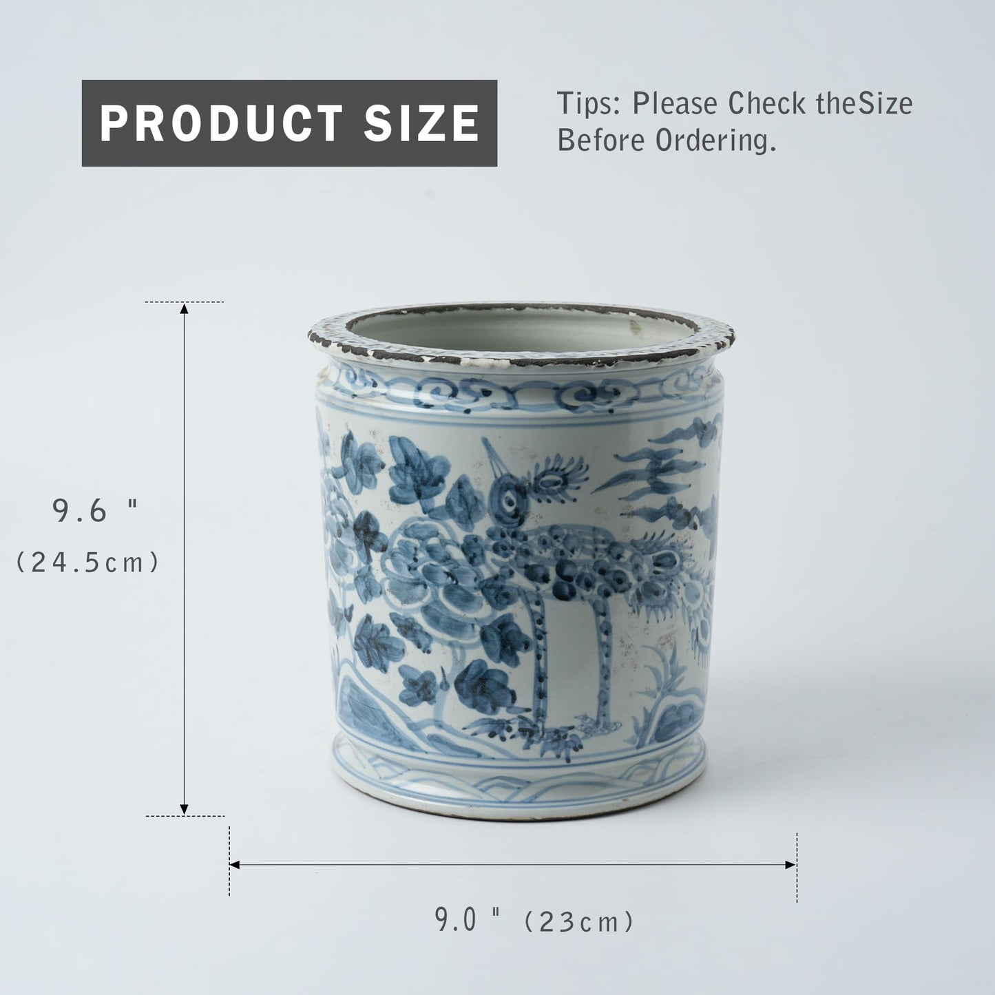 Antique Hand-Painted Flower and Bird Porcelain Pen Holder Old Style Ceramic Planter 9.7 Inch Large Plants Vase Blue & White Porcelain Silla Flower Plant Pots (Sky Blue)
