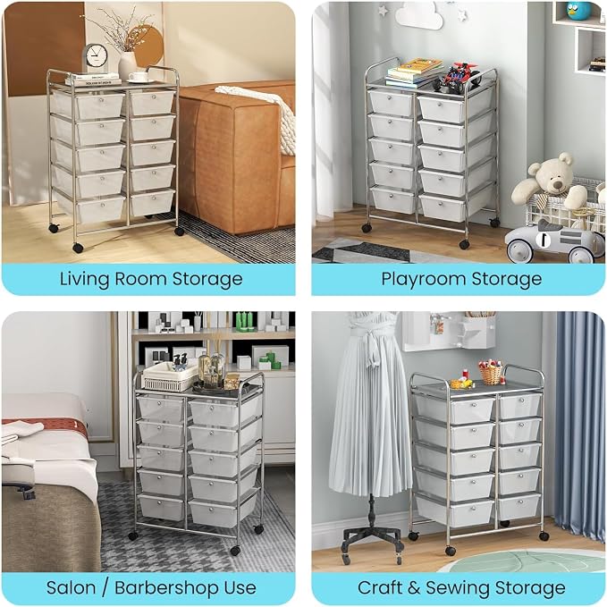 LDAILY 10 Drawer Rolling Cart, Storage Cart Organizer on Wheels, Drawer Cart with Metal Frame & Large Storage Capacity, Rolling Cart with Drawers for Living Room Classroom, Office