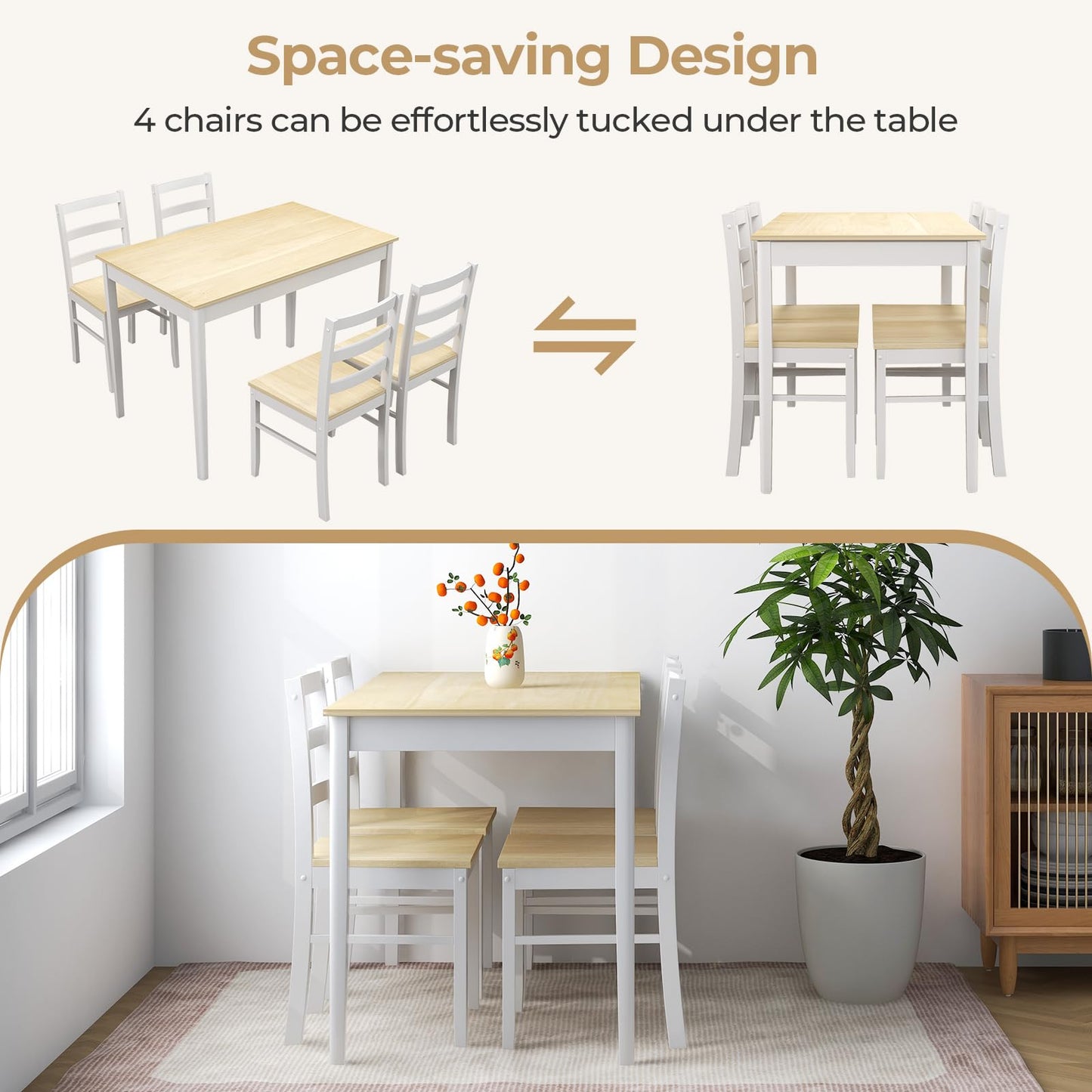 Giantex 5-Piece Dining Table Set for 4, 45" Rectangular Kitchen Table and Chairs Set with Solid Rubber Wood Legs, Space Saving Dinette Set for Small Space, Breakfast Nook, Restaurant (Beige)