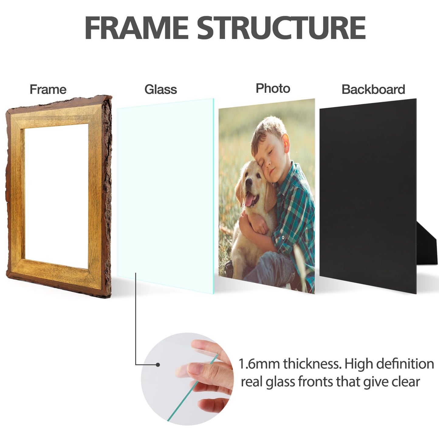 Golden State Art, 5x7 Picture Frame Rustic Brown, Solid Wood Picture Frame with Bark Edges & Real Glass Cover, Display Posters/Photos/Prints 5x7 for Wall Mounting, Farmhouse Decor