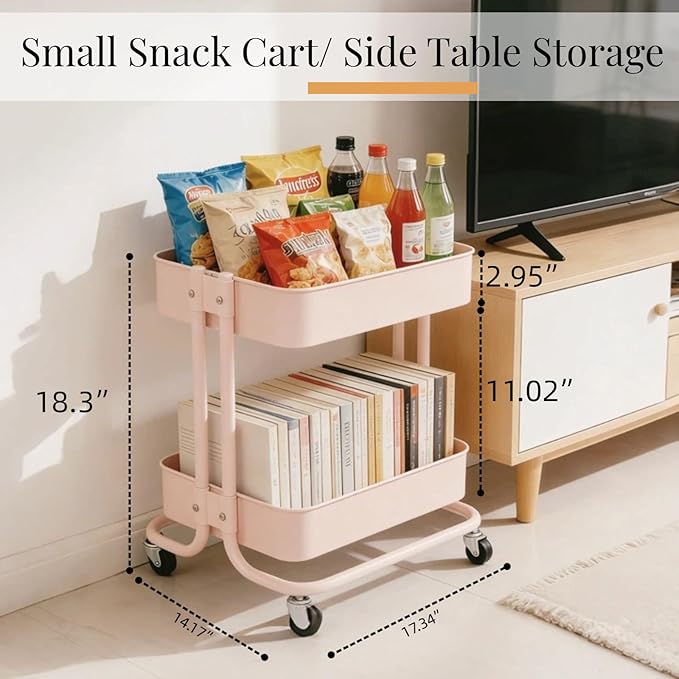 2 Tier Rolling Cart with Wheels for Under Desk Storage, Pink Small Rolling Pantry Storage Cart for Small Space, Metal Short Utility Shelf for Vanity Kitchen Bathrrom Laundry Organization