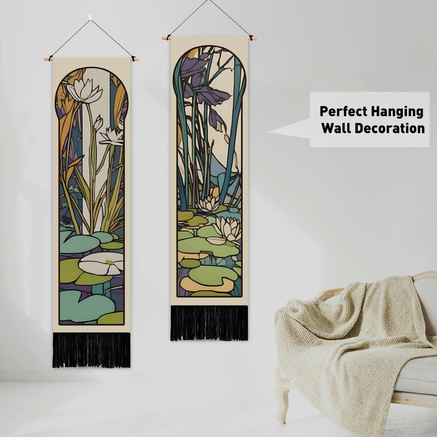 PLIGREAT 2 Pack Mucha Pond Style Tapestry Vertical Art Lotus Wall Hanging with Tassels Aesthetic Wall Tapestry for Bedroom Bathroom Living Room Long Narrow Home Art Decor, 52"x13"