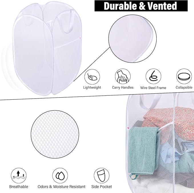 BATTOO Deluxe Strong Mesh Pop up Laundry Hamper Basket with Side Pocket for Laundry Room, Bathroom, Kids Room, College Dorm or Travel 2 Pack White