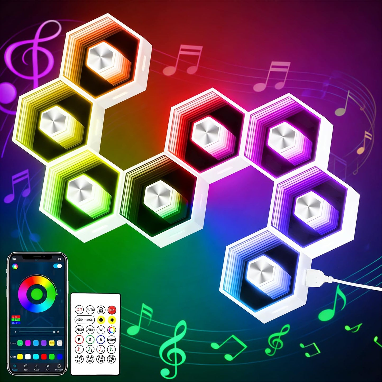 vimeepro Hexagon LED Lights - 8 Pack Smart APP RGB Gaming LED Light with Remote Control & Music Sync Honeycomb Shape Hexagon Wall Lights for Bedroom, Living Room Wall, Gaming Decor