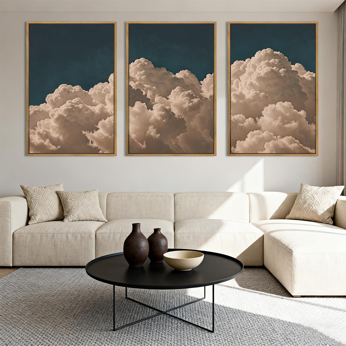 IARTTOP Large Framed Cloud Blue Wall Art 16x24 Inch Navy Cloud Canvas Painting Modern Abstract Sky Landscape Wall Decor for Living Room Bedroom Dining room Set of 3
