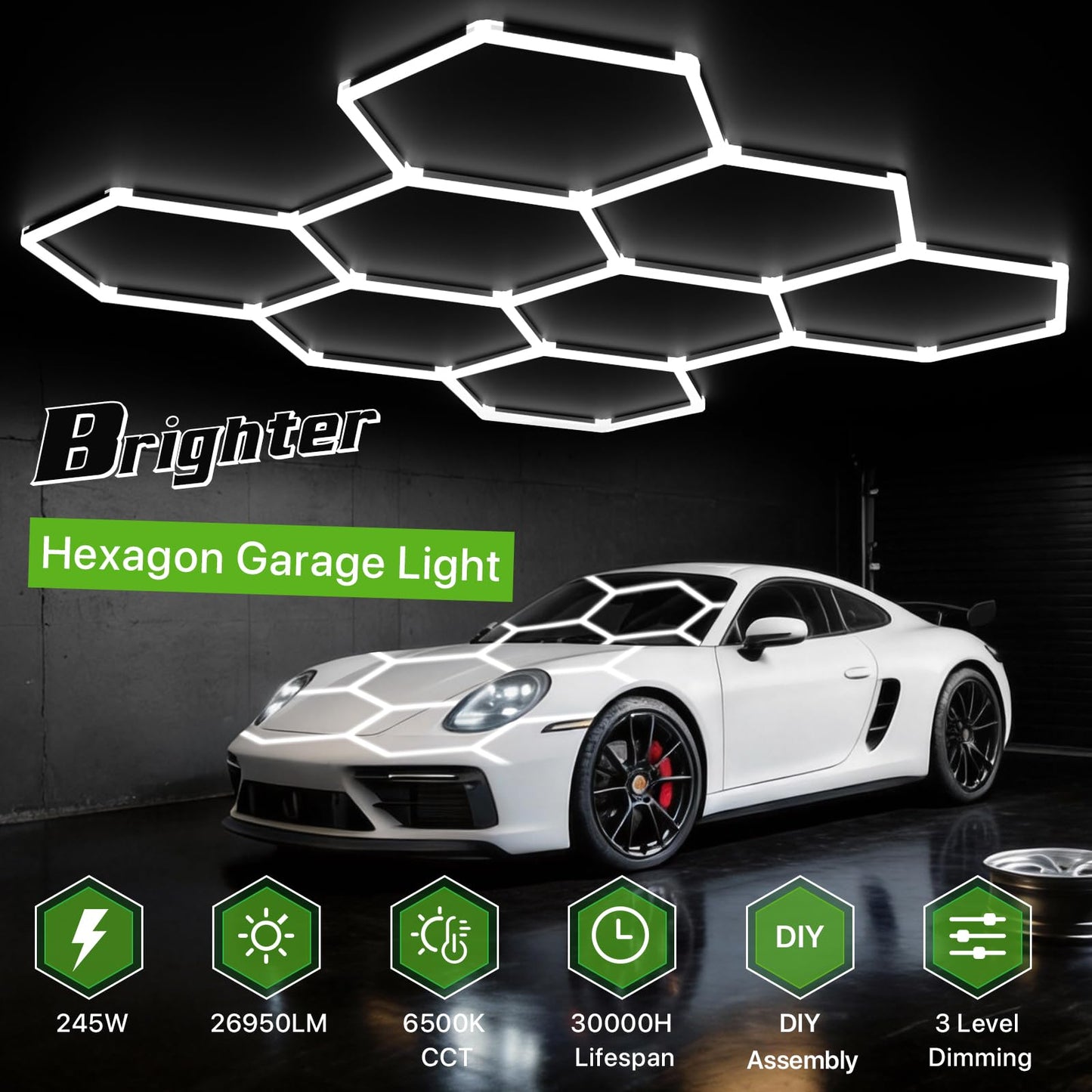 Glitgate Hexagon Led Lights 3 Level Dimmable, 245W 26950LM 8 Grid Hexagonal Shop Light, 6500K Daylight White Hex Lighting, Super Bright Garage Ceiling Lights for Gym, Basement, Workshop