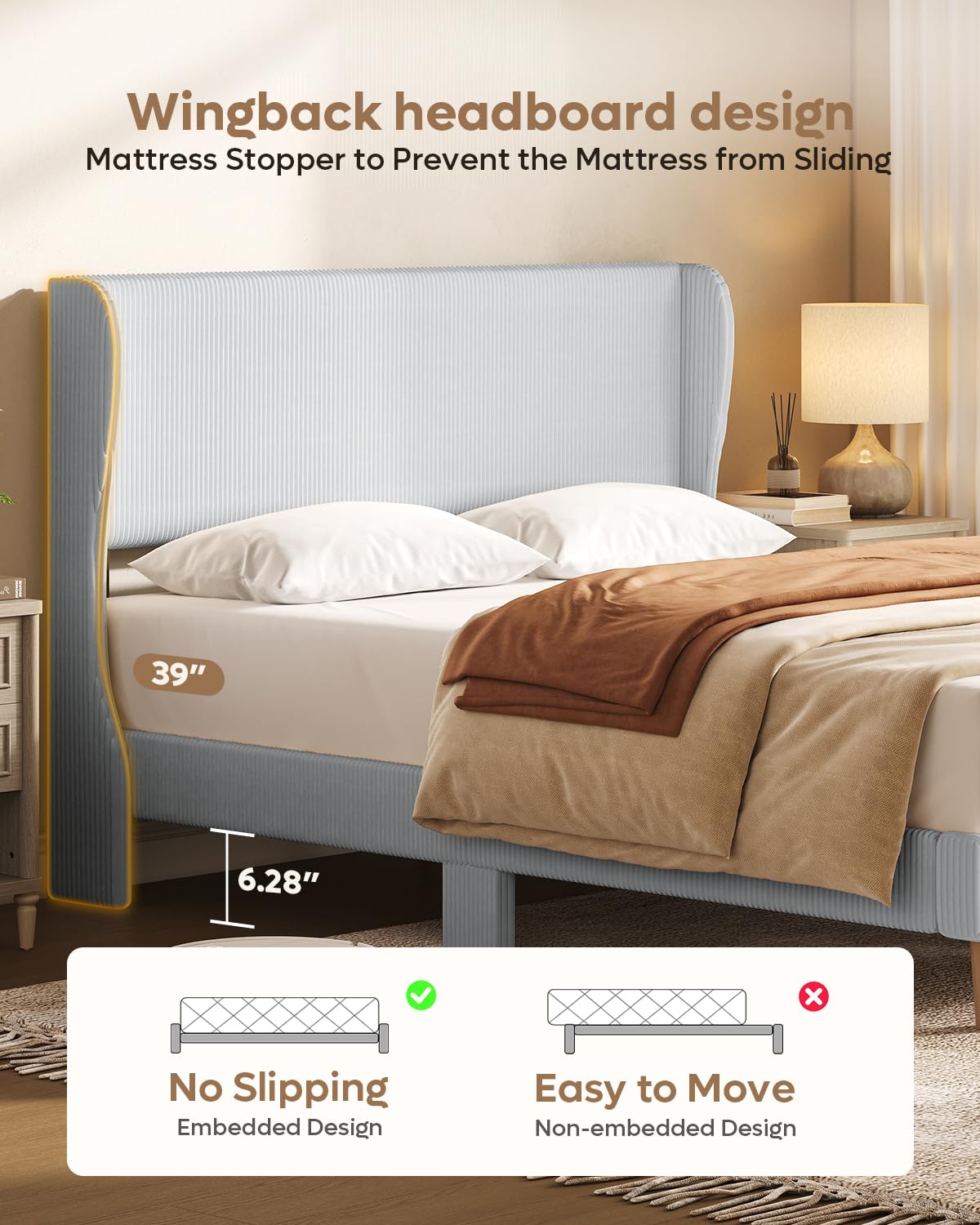 Bestier Queen Bed Frame with Wingback Headboard,Upholstered Platform Queen Size Bed with Strong Wooden Slats,No Box Spring Needed,Never Squeaks,Easy Assembly,Light Grey