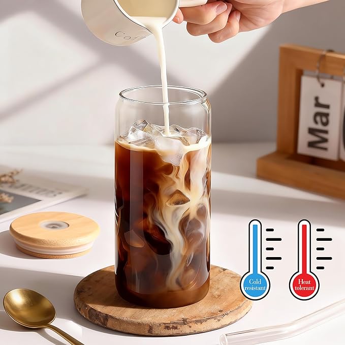 Iced Coffee Cups with Lids 2 pcs: 20 oz Glass Cups with Lids and Straws as Coffee Bar Accessories - Beer Drinking Glasses - Reusable Glass Tumbler,Cute Coffee Cups for Coffee,Juice,Gifts