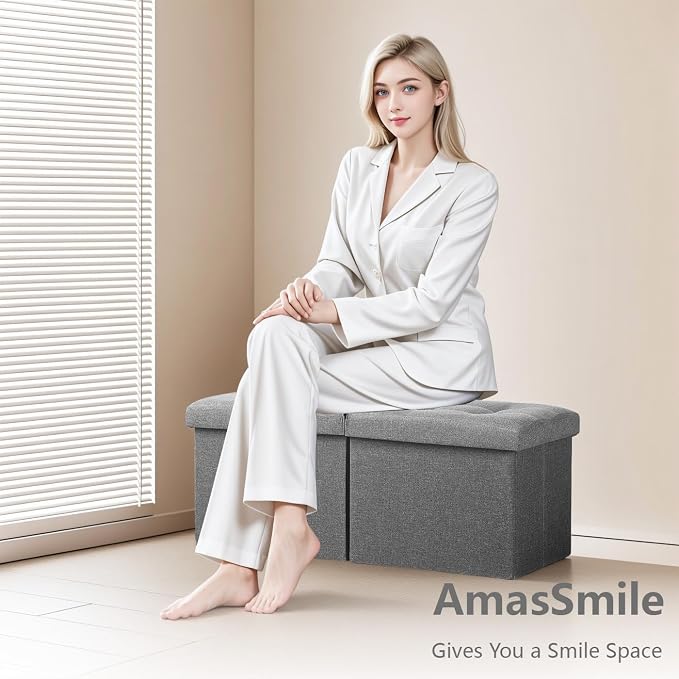 AmasSmile Storage Bench Folding Ottoman Foot Rest Stool, 34 inch Grey Linen Footstool, Short Ottoman Bench, Foot Rest Store as Books, and Blanket Storage or Others