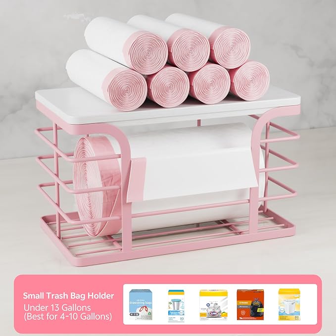 Small Grocery Bag Holder,Wall Mount Trash Bag Holder Dispenser with Bamboo Top,Suitable for Garbage Bags of 100 Rolls under 13 Gallons,Pink