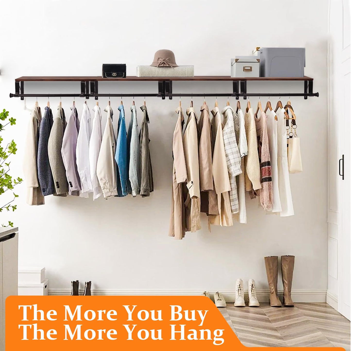 Wall Mounted Closet Organizer with Adjustable Hanging Rod and Storage Shelf, Heavy Duty Closet Shelf with Hanging Rod, Space Saving Wall Hanging Rack for Bedroom, Bathroom, Laundry Room, Kitchen
