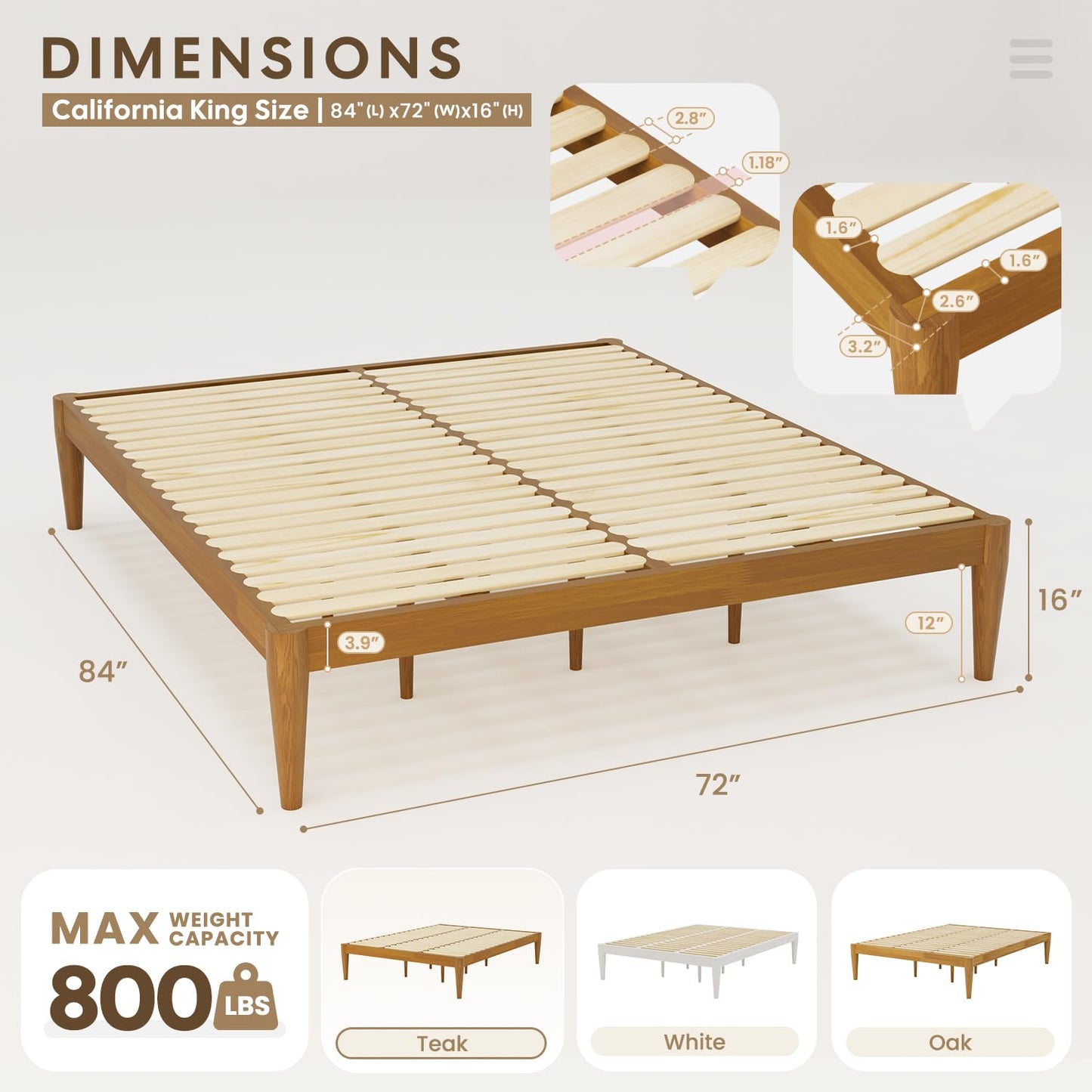 IOTXY California-King Platform Bed Frame - Solid Wood 16-Inch Height Mattress Foundation Base with Densely Slats and Heavy-Duty Support Legs, No Box Spring Needed, Teak