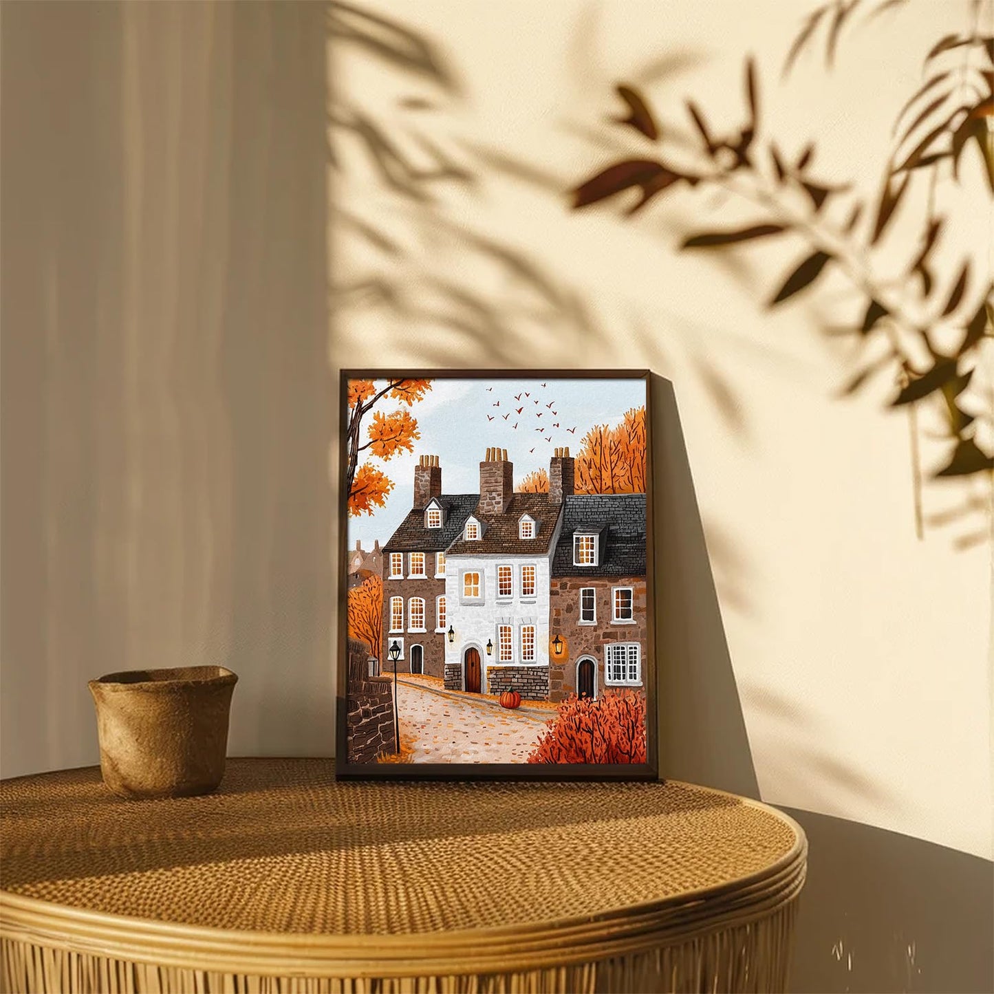 XOCUUI Autumn Cozy Village Landscape Scene 8x10 Unframed Canvas Print, Rustic Fall Street Scene Wall Art With Warm Colors, Thanksgiving House Office Entryway Seasonal Decor