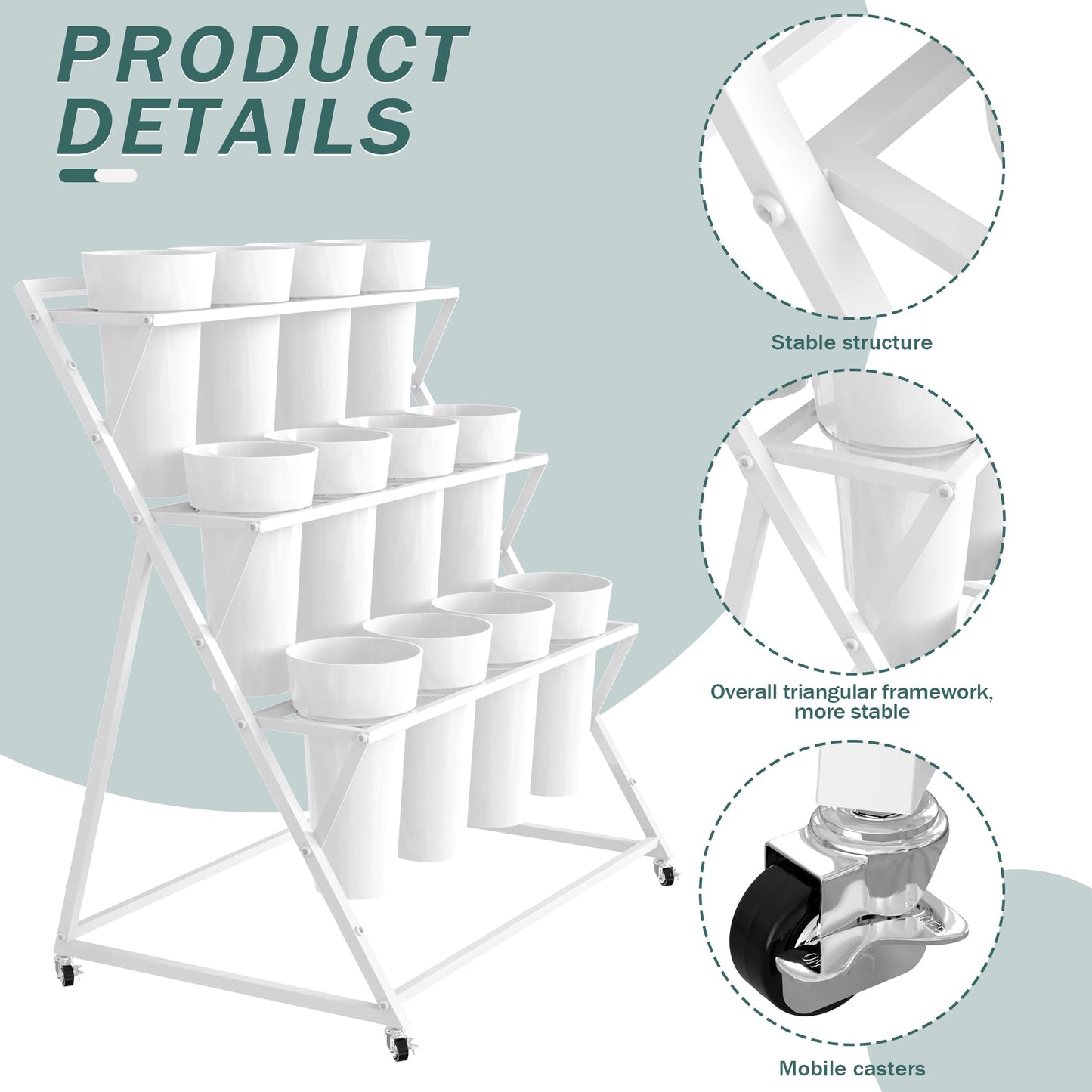 Asee'm Flower Display Stand with 12 Buckets Metal Flower Bar Stand 3 Layer Heavy Duty Flowers Cart Display with Wheels Moving Florist Bouquet Shelf for Indoor Outdoor Patio Decor Terrace Wedding White