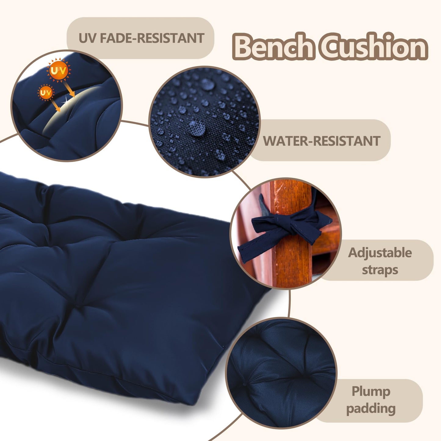 Yddsky 59 inch Waterproof Indoor/Outdoor Garden Bench Seat Cushions,Thicken Patio Bench Soft Rocking Chairs Pad Lounger Seat for Porch Wicker Loveseat Settee (59x19.6x3.9 inch,Navy