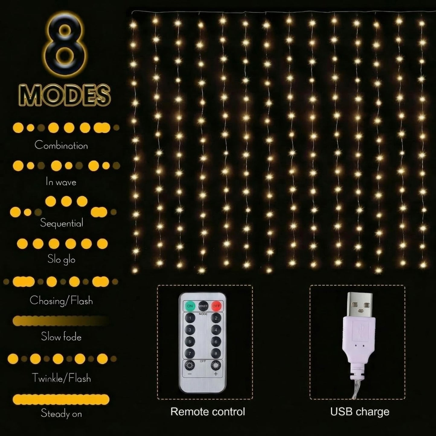 Meonum 1 Pack 195LED Curtain Tapestry Backdrop String Lights, Each 13 Strings 6.6 x 5 ft Tapestry Fairy String Light, 8 Modes Window Wall Hanging Light Strings for Bedroom Christmas Curtain Decor