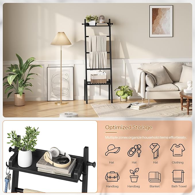 HOOBRO Blanket Ladder, 5 Tier Bamboo Ladder Shelf, Blanket Ladders for Living Room and Bedroom, Farmhouse Blanket Holder Rack for Storage and Home Decor, Decorative Towel Rack, Black BK91CJ01G1