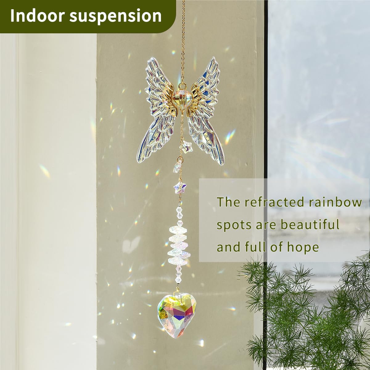 Crystal Angel Wing Suncatcher Hanging Decor - Sparkling Rainbow Maker for Window & Home, Ideal Gift for Holiday, Birthday & Housewarming (Angel's Light)