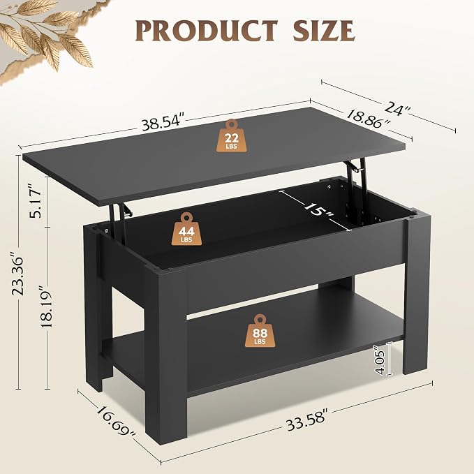 WLIVE Coffee Table, 39" Lift Top Coffee Table with Hidden Compartment, Storage Shelf and Lifting Top for Home Living Room, Office and Reception Room, Black