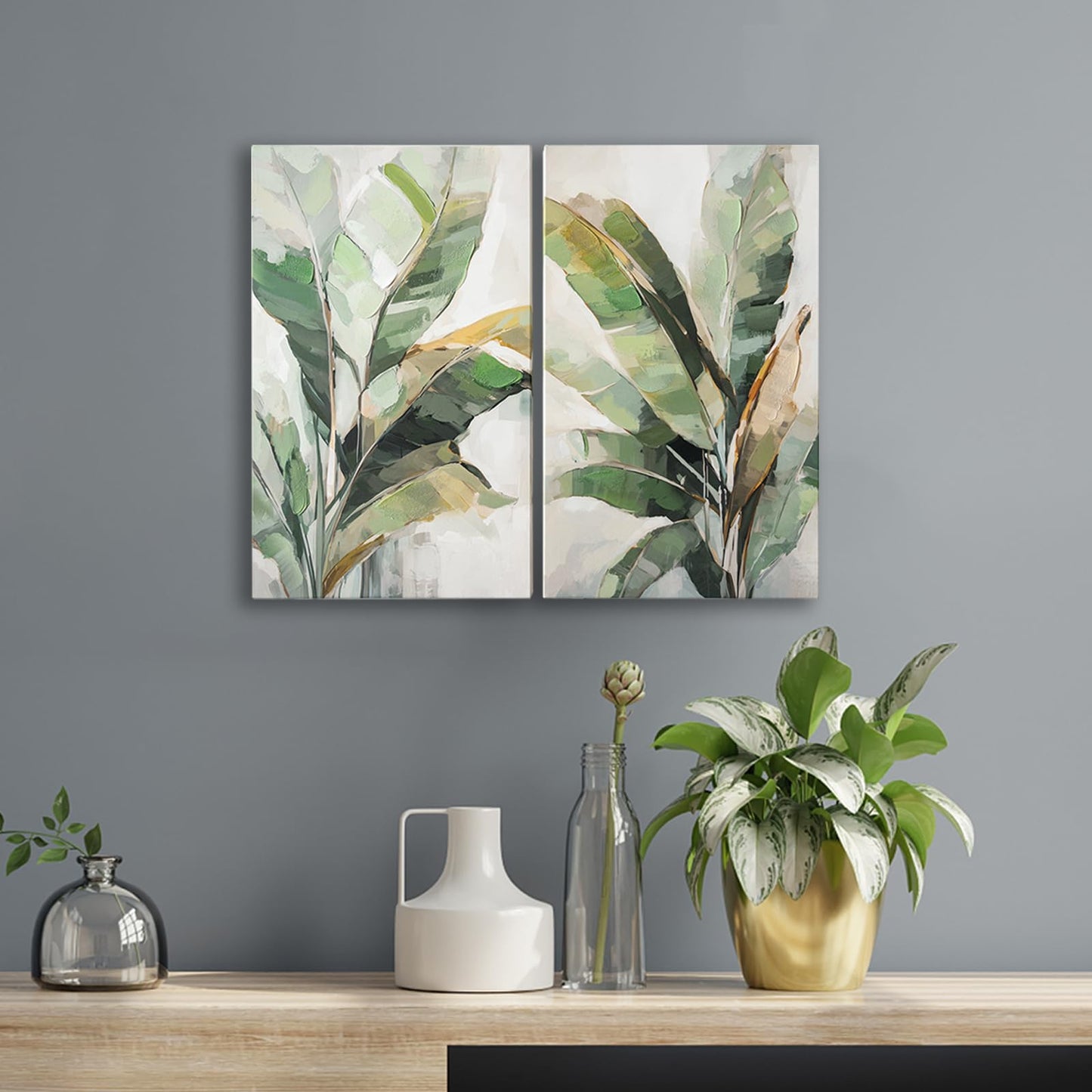 Botanical Wall Art Set Hand Painted, for Living Room plant wall art,Green Tropical Plant Leaf Wall Decor, Modern Banana Leaf Wall Painting, for Bedroom, Dining Room, Office - 12x20 Inch 2pack