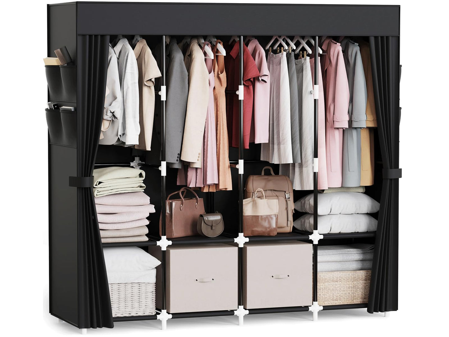 Mavivegue Clothes Organizer with 4 Hanging Rods, Portable Closet Wardrobe, Non-Woven Fabric Cover, Large Capacity Storage for Bedroom and Living Room,Black, 67" W x 17" D x 67" H