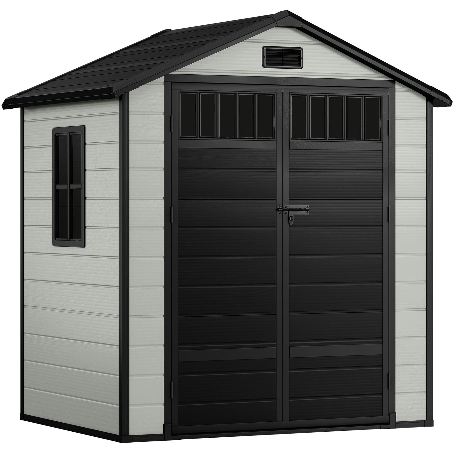 DWVO 6x4.4 FT Resin Storage Shed with Fence-Style and Side Windows, Lockable Door, and Vents Outdoor Storage Shed for Garden, Backyard, Patio, Lawn