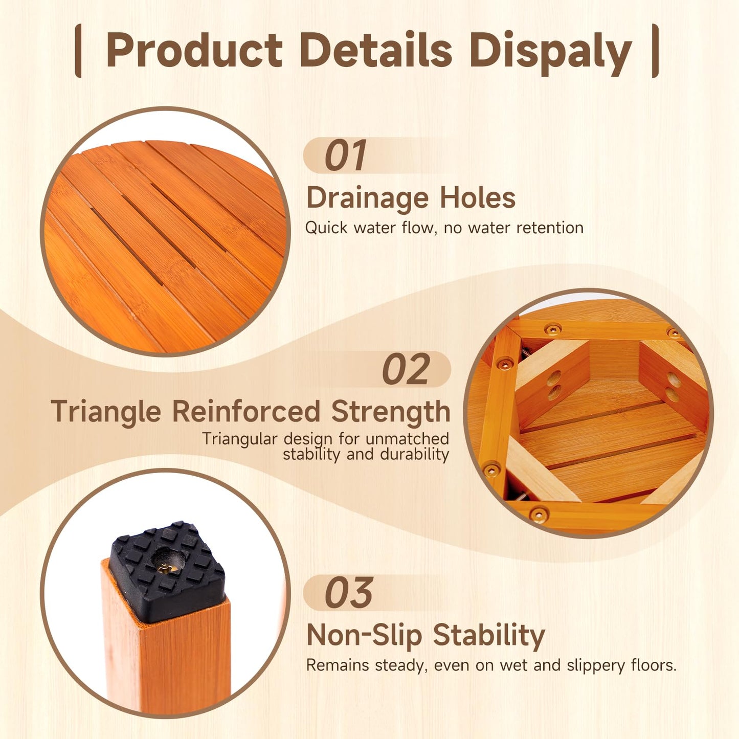 KISENG Round 16 Inch Bamboo Waterproof Shower Bathroom Stool Chair, Duty Wooden Bath Corner Shaving Legs Bench Seat (Honey Bamboo, XL)