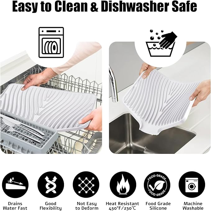 TIKNIK Silicone Dish Drying Mat for Kitchen Counter - Heat Resistant & Non-Slip Dish Drain Pad with Built-In Drain, Dishwasher Safe, Quick-Dry, Hangable & Roll-Up for Storage, White-1pcs, 20" x 15"