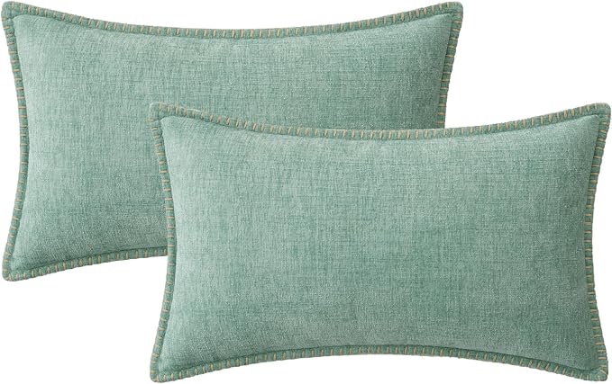 MIULEE Pack of 2 Lumbar Summer Throw Pillow Covers 12x20 Inch Aqua Green Farmhouse Decorative Pillow Covers with Stitched Edge Soft Chenille Solid Dyed Pillow Covers for Couch Sofa Bed Living Room