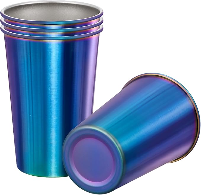 MEWAY 4 Pack 16oz Stainless Steel Pint Cup,Healthy Unbreakable and Stackable,Metal Drinking Glasses，Beer Glasses（Rainbow）