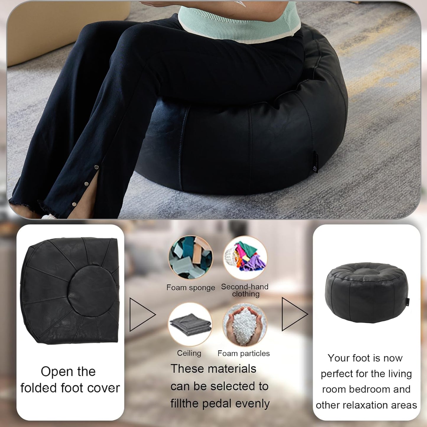 Louis Donné Unstuffed Pouf Ottoman Cover, Handmade Faux Leather Moroccan Pouf Ottoman Footstool, Floor Footrest Cushion, 21x12inch Black Storage Solution Poufs for Lving Room Gifts, ONLY Cover