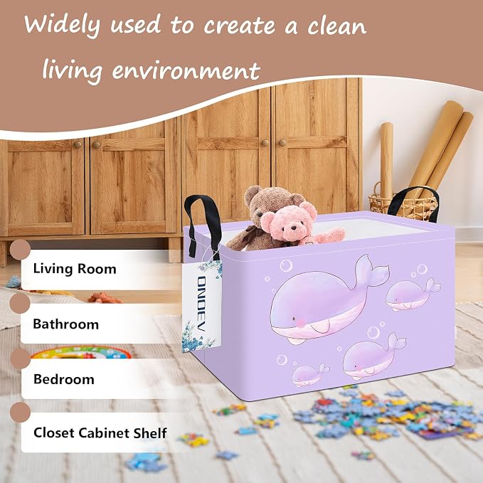 Rectangular Purple Whale Pattern Storage Bin, Decorative Canvas Laundry Basket with Dual Handles, Foldable Household Toy Organizer, Multipurpose Party Gift Basket for Bedroom Dorm